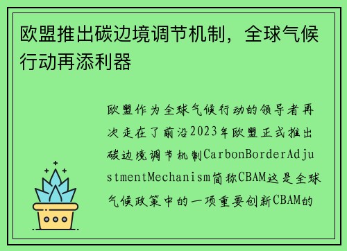 欧盟推出碳边境调节机制，全球气候行动再添利器